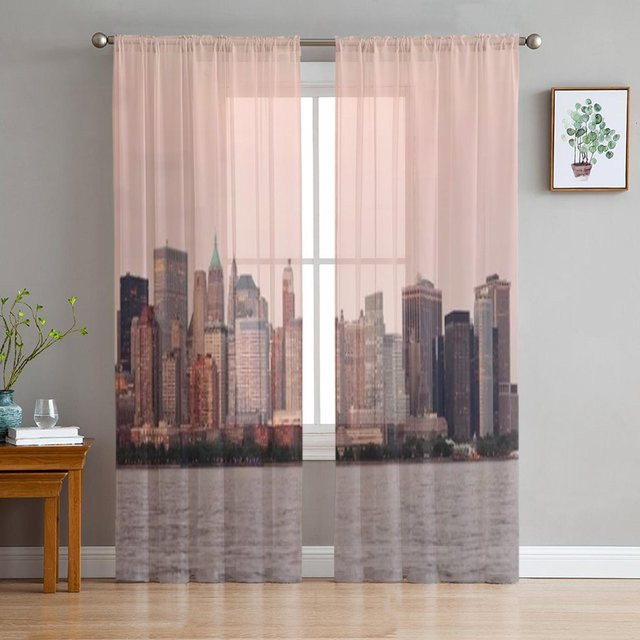 Transparenter Voiles-Tüllvorhang Super Six mit New York City Manhattan Skyline Motiv in Grau, Breite: 135 cm, Höhe: 114 cm - Bild 1