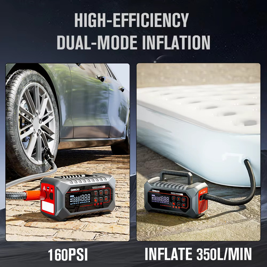 GOOLOO Tragbare Starthilfe-Powerbank mit 24000mAh und 160PSI Luftpumpe, 12V Auto-Booster für Benzin- und Diesel-Fahrzeuge, Schwarz - Bild 5