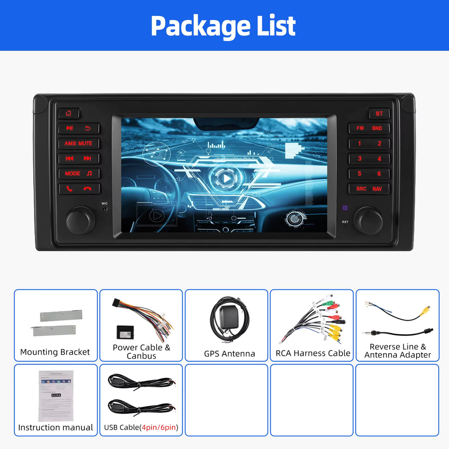ESSGOO Android 15 Autoradio mit 7 Zoll IPS Touchscreen Display für BMW 5er E39 M5 1996-2003, Schwarz, Apple CarPlay, Android Auto, GPS, Bluetooth, Wifi und Lenkradfernbedienung - Bild 4