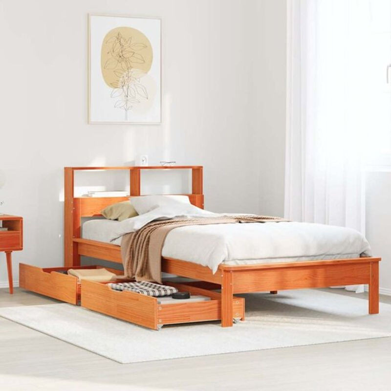 Vidaxl Massivholzbett aus Kiefer mit Regal in Wachsbraun, B/L: 75 x 190 cm - Bild 1
