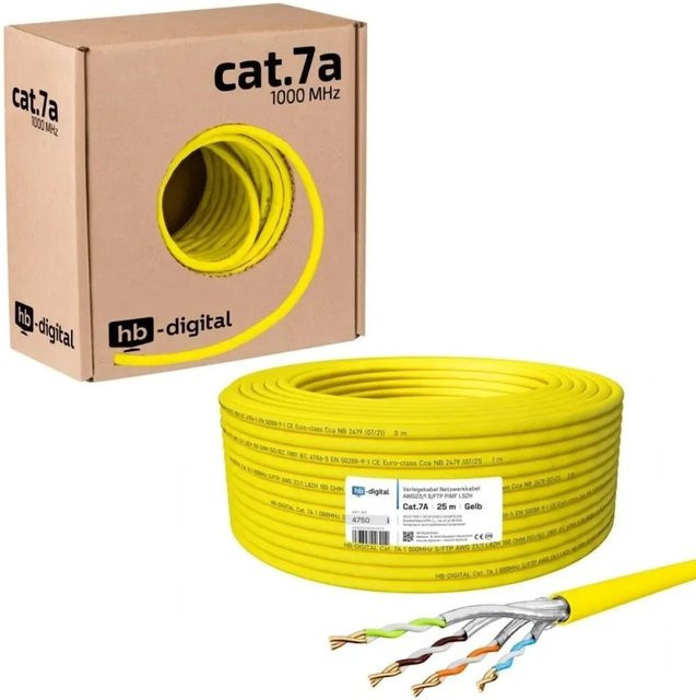 hb-digital Netzwerkkabel CAT 7a Verlegekabel S/FTP AWG23 LSZH, 25 m, Gelb - Bild 1
