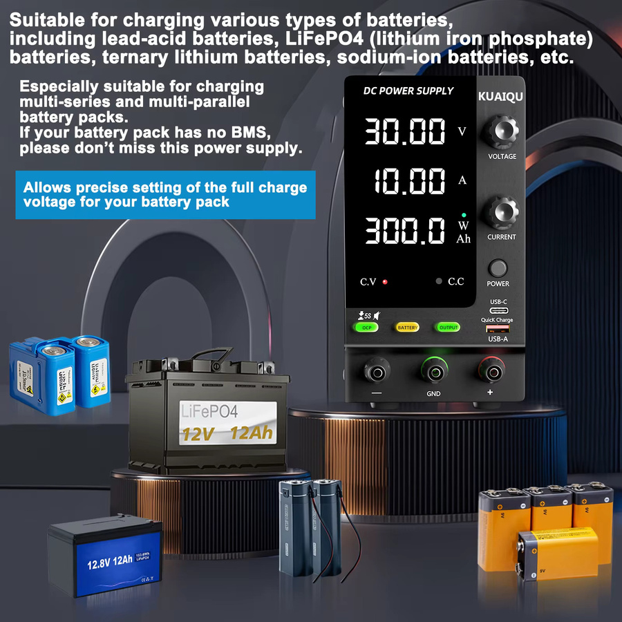 Einstellbares Gleichstromnetzteil in Schwarz mit 30 V und bis zu 10 A für Batterieladung und Schutz vor umgekehrter Polarität - Bild 3