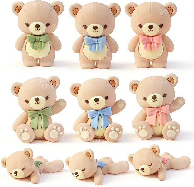 Set aus 3 Baby-Bären Tortendekorationen aus Harz in Salbeigrün, Rosa und Blau für Babypartys und Geburtstage - Bild 1