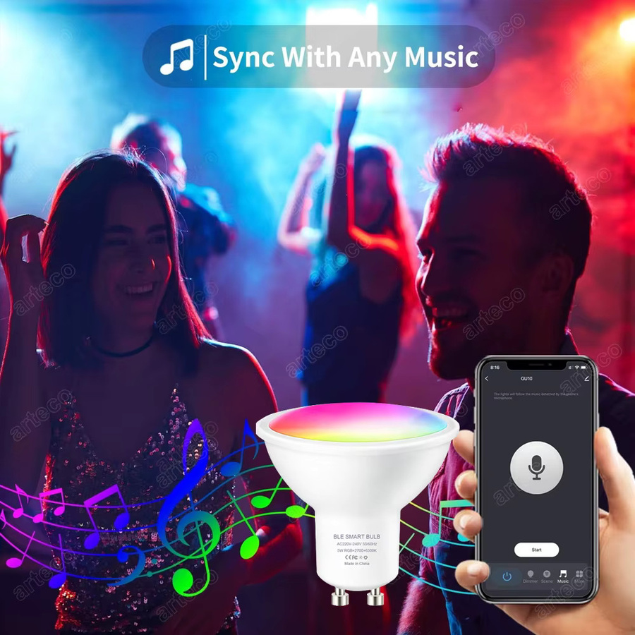 Tuya Smart GU10 LED-Strahler mit WiFi und Bluetooth, RGB+CW+WW, dimmbar, 5W, 220V, Multicolor - Bild 5