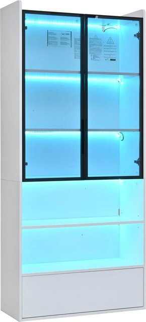 ModernLuxe Hohe Glasvitrine in Weiß mit LED-Beleuchtung, Glastüren, Schublade und offenem Fach aus MDF und Glas, H: 180 cm, B: 80 cm, T: 34 cm - Bild 1