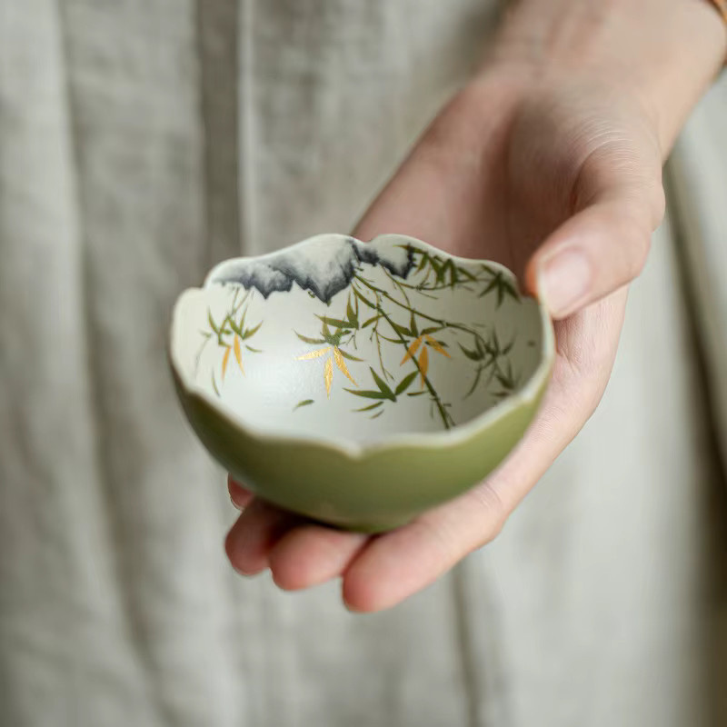 Handbemalte antike Keramik Teetasse mit goldenem Bambus- und Blumenmuster für dein Kung Fu Teeset - Bild 2