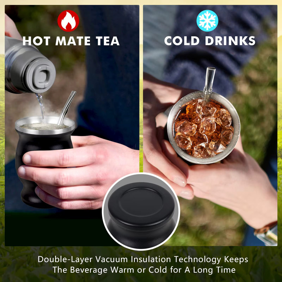 Untior Yerba Mate Set aus doppelwandigem 304 Edelstahl mit Bombilla und Reinigungsbürste, 236,59 ml, Grau/Schwarz - Bild 3