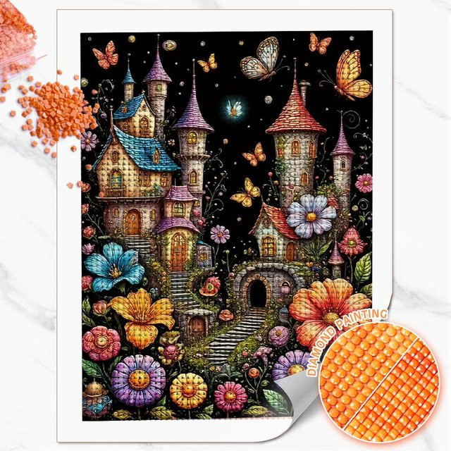 Huacan Diamantmalerei Landschaft mit Haus und Gänseblümchen, Wanddekoration Blumen-Mosaik, Mehrfarbig, Breite: 30,0 cm, Höhe: 20,0 cm, Tiefe: 20,0 cm - Bild 1