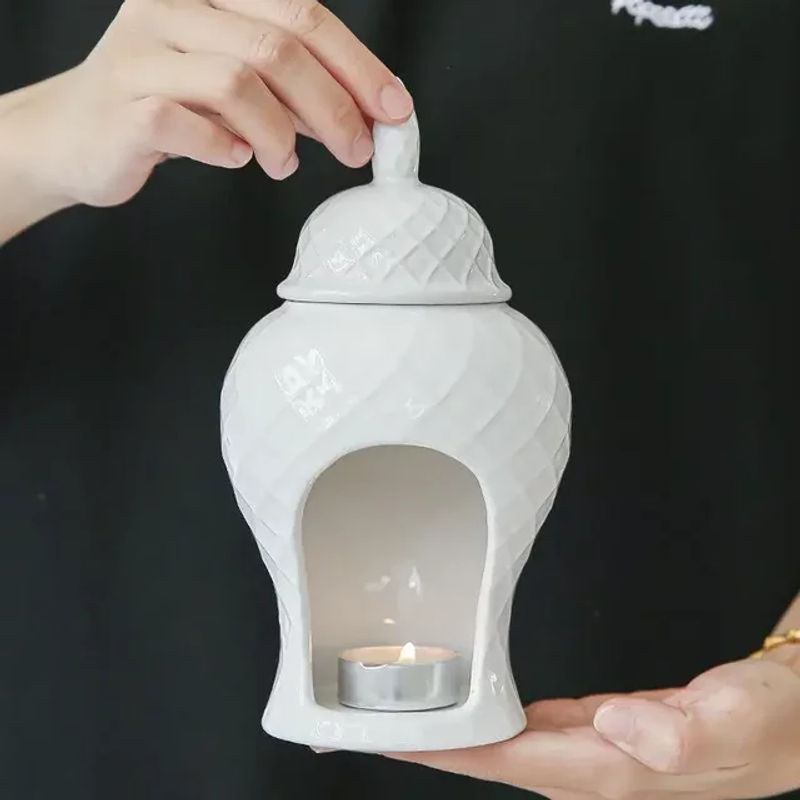 Minimalistische Keramik-Aromatherapie-Lampe in Weiß für Teelicht und Weihrauch zur Dekoration - Bild 1
