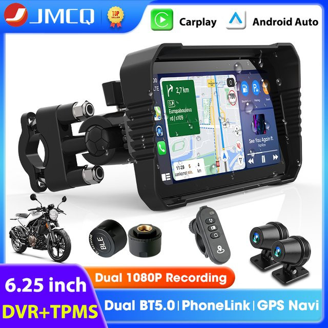 JMCQ Carplay Motorrad GPS Navigation mit 6,25 Zoll Bildschirm, Dual Kameras DVR Stick Recorder und TPMS Unterstützung, IPX7 Wasserdicht, Schwarz - Bild 1