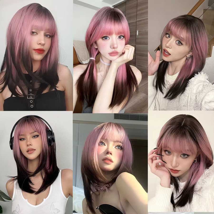 EASIHAIR Perücke, Schwarz Rosa Lila Ombre, Synthetisch, mit Pony, Lange Gerade Layered, Damen - Bild 2