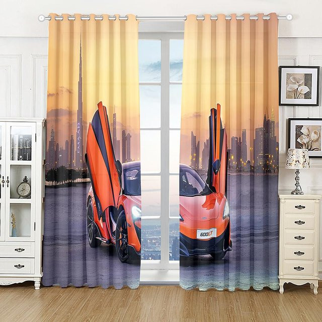Halbsonnenlicht-Vorhang mit Stadt-Sportwagen-Landschaft im 3D-Druck, mehrfarbig, Polyester, B: 135 cm, H: 165 cm - Bild 1