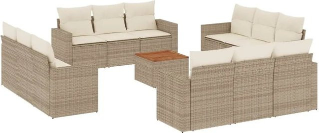 vidaXL 13-teilige Garten-Sofagarnitur in U-Form aus Polyrattan und Akazienholz mit Kissen in Beige-creme - Bild 1