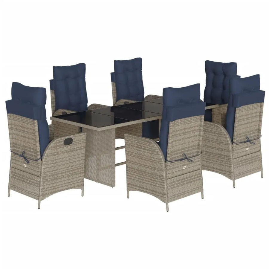 vidaXL 7-teilige Garten-Essgruppe aus grauem Poly-Rattan mit blauen Kissen und Hartglas-Tischplatte - Bild 2