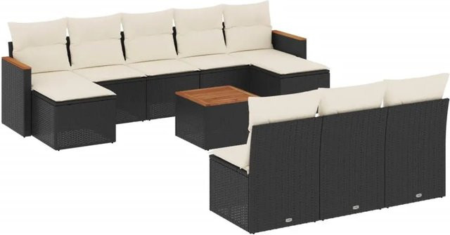 vidaXL 11-tlg Garten-Sofagarnitur in U-Form aus Polyrattan und Akazienholz mit Kissen in Schwarz und Cremeweiß - Bild 1
