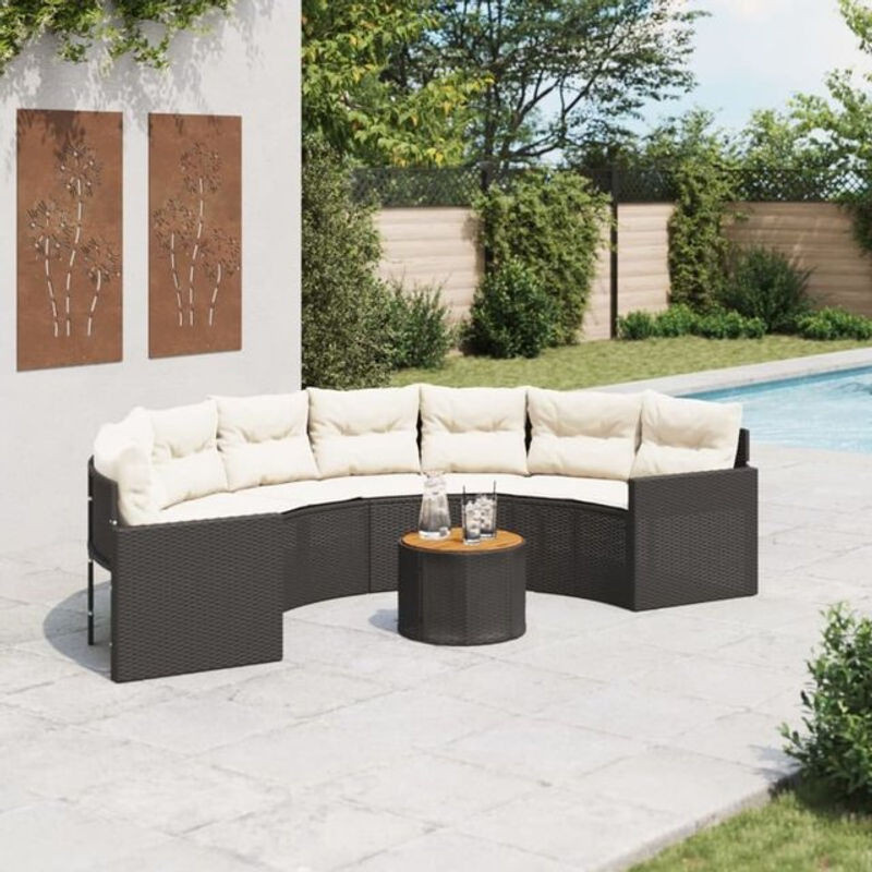 Vidaxl Gartensofa mit Tisch und Kissen in Halbrund Form aus schwarzem Polyrattan - Bild 1