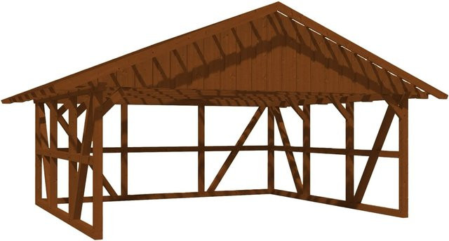 Skan Holz Carport Schwarzwald mit Satteldach, Dachlattung und Rückwand aus Fichtenholz in Nussbaum Braun, B/T: 684 x 600 cm - Bild 1