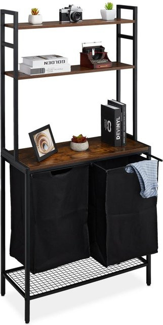 Relaxdays Wäschekorbregal im Industrial Design aus Eisen und MDF mit 2 ausziehbaren Baumwollkörben, Schwarz/Braun, H x B x T: 162 x 80 x 34 cm - Bild 1