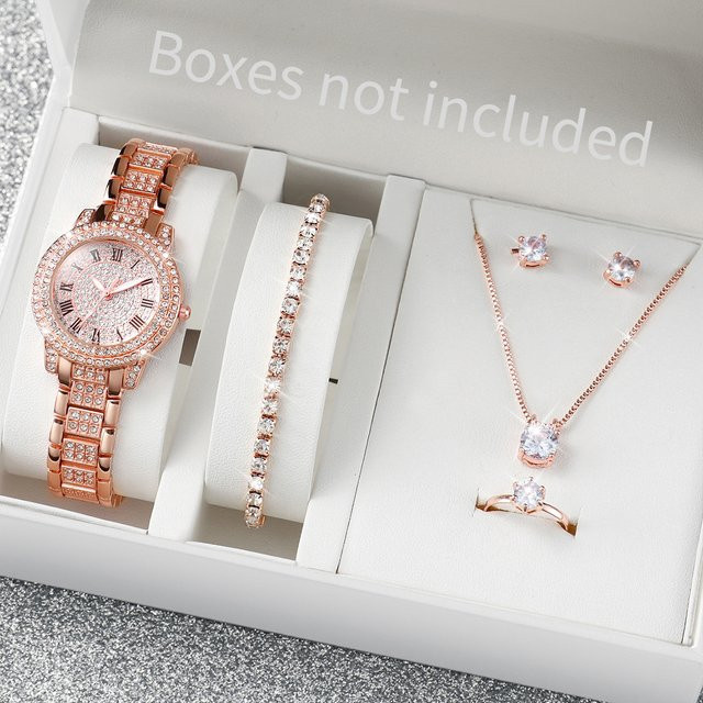 Schmuck-Set Damen, Armbanduhr Quarz, Edelstahl, Roségold, Diamantbesetzt - Bild 1