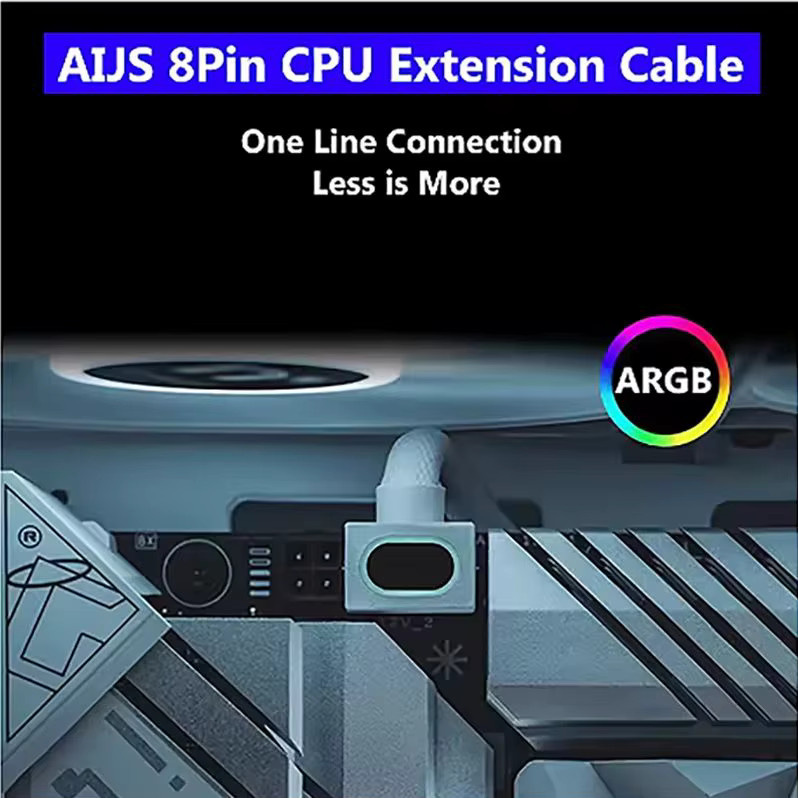 AIJS CPU 8-Pin Motherboard-Verlängerungskabel mit ARGB 5V 3-polig, 18 AWG, 90 Grad rechtwinkliges Design, Stecker-zu-Buchse, in Schwarz oder Weiß - Bild 3