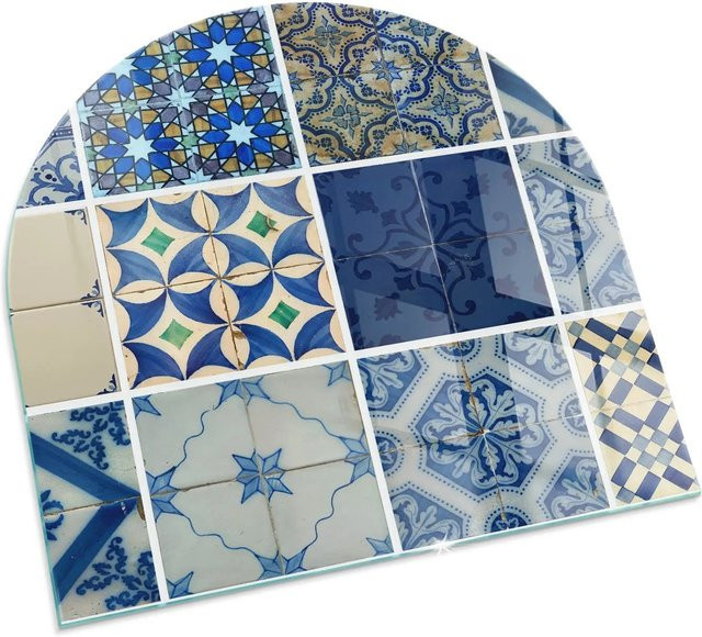 Tulup Kamin Glasplatte mit Keramikfliesenmuster in Blau, Halbkreis, B x B: 100 x 100 cm - Bild 1