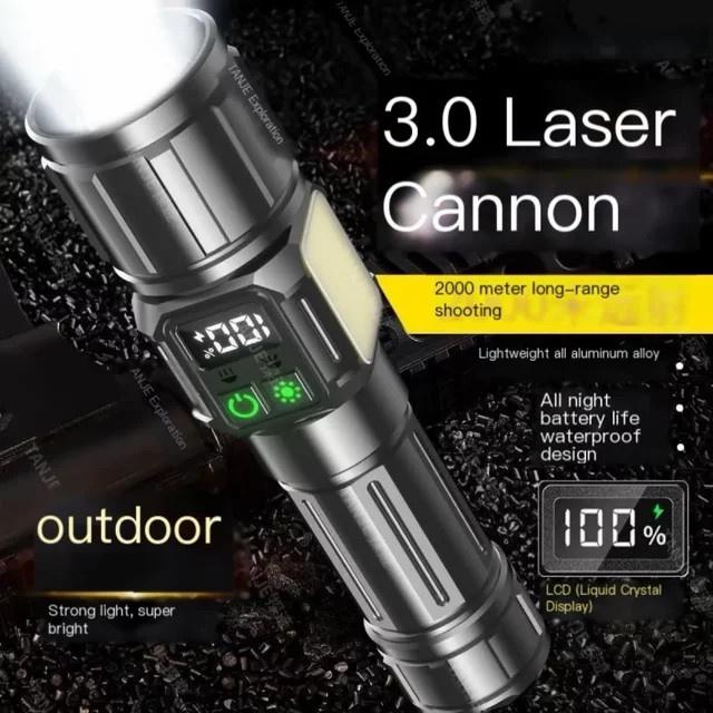 JIASHUAIXIN Taktische LED Taschenlampe mit COB-Digitalbatterieanzeige, Schwarz, Aluminium - Bild 1