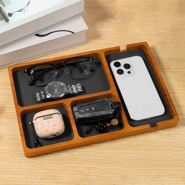 Willstar Büro-Desktop-Aufbewahrungsbox aus Massivholz in Braun mit 4 Fächern als Organizer für Brillen, Mobiltelefone und Kopfhörer - Bild 1