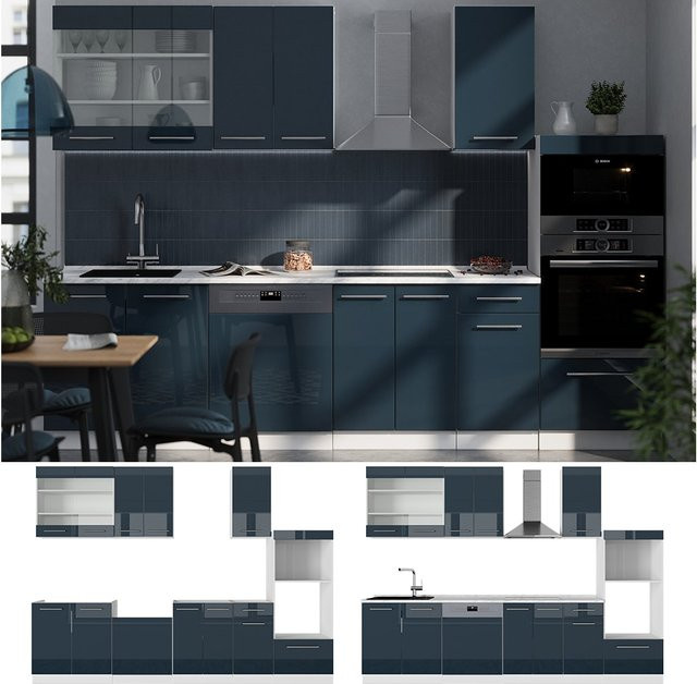 Vicco Küchenzeile Fame-Line in Weiß und Dunkelblau Hochglanz mit 300 cm Breite ohne Arbeitsplatte - Bild 1