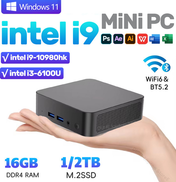 Intel Mini PC mit Windows 11, Intel Core i9 10980HK, 16GB DDR4, 2048GB SSD, WiFi 6 und Bluetooth 5.2, Schwarz - Bild 1