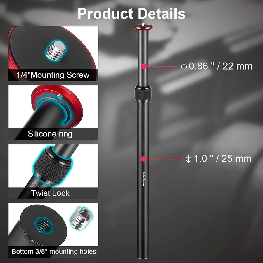 MINIFOCUS Aluminium Einbeinstativ Verlängerungsstange für DSLR SLR Kameras und Gimbals, Schwarz - Bild 2