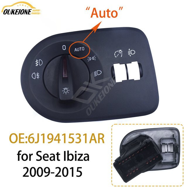 Oukeione Scheinwerfer-Nebelscheinwerfer-Steuerschalter mit automatischer Taste für Seat Ibiza, Schwarz, 6J1941531AR - Bild 1