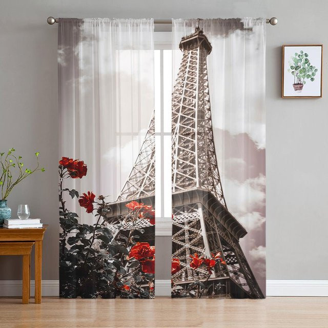 Paris Terrace Flower Dream Tüll-Vorhang mit floralem Design, transparent, Multicolor, B: 135 cm, H: 114 cm - Bild 1