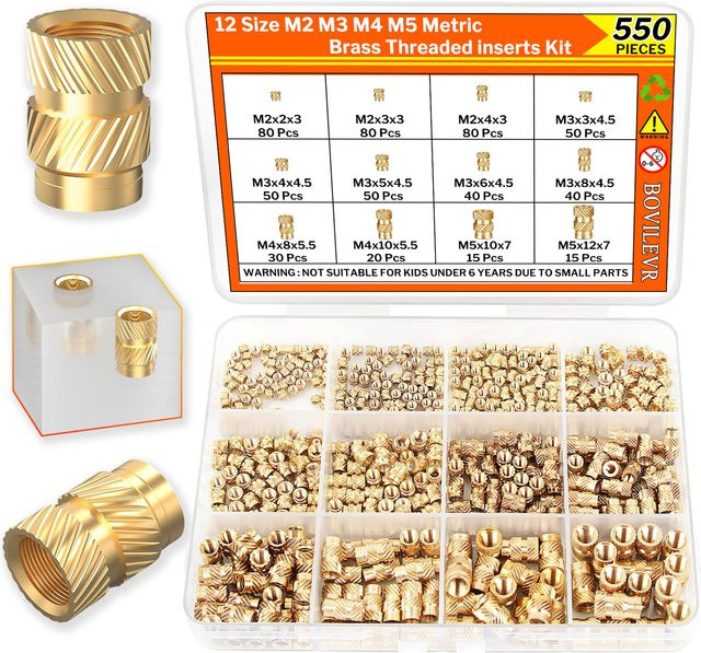 BOVILEVR 550-teiliges Heat Set Gewindeeinsätze-Set aus Messing für 3D-Druck und Kunststoff, M2 M3 M4 M5 Rändelmuttern in Gold/Messing - Bild 1