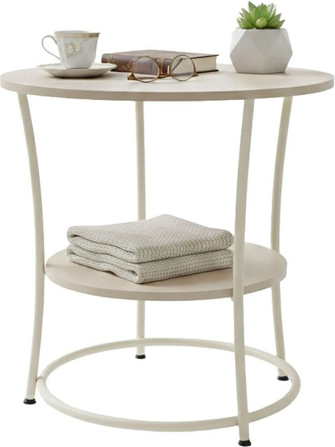 Relaxdays Beistelltisch aus MDF und Stahl in Creme, verstellbar mit 2 Ablagen, Durchmesser: 55 cm - Bild 1