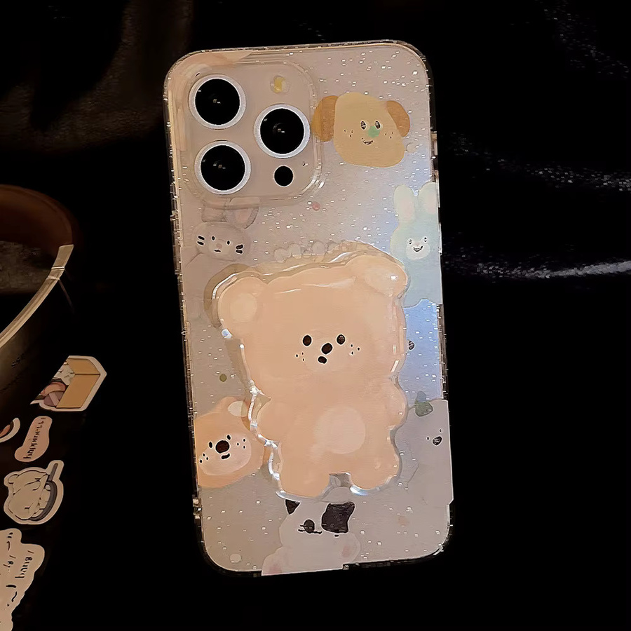 MUQGEW Handyhülle mit glitzerndem Cartoon-Tier und Bärenhalterung für iPhone 16 15 14 13 12 Pro Max, transparent und stoßfest - Bild 2