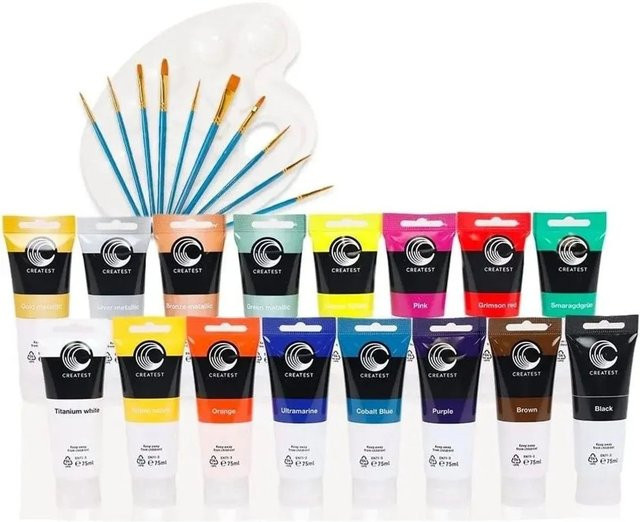 CREATEST Acrylfarben-Set mit 16 Farben à 75 ml, inklusive Pinseln und Mischpalette, wasserfest, Multicolour mit Weiß, Lila und Bronze - Bild 1