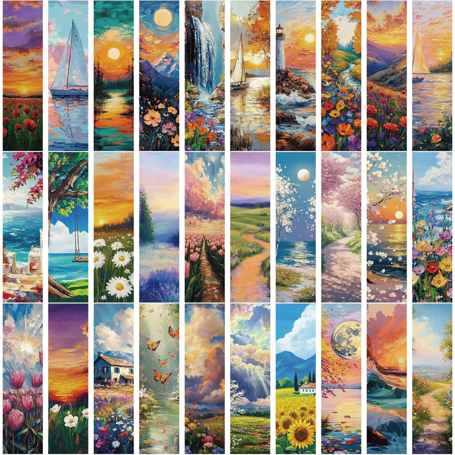 30 Stück Kunst-Lesezeichen im Ölgemälde-Stil mit Sonnenuntergang und Blumenmotiven, Mehrfarbig - Bild 2