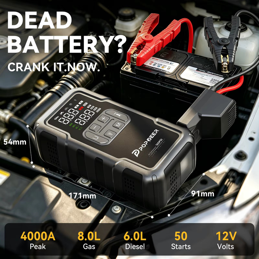 POPDEER PD-JA2 Starthilfegerät mit 4000A Booster, 160PSI Luftkompressor, Powerbank und 600LM Licht in Schwarz - Bild 2