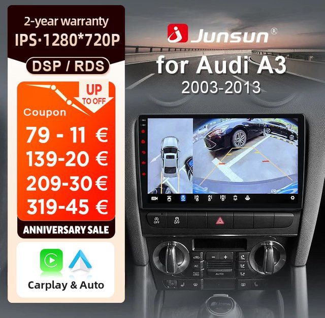 Junsun Android 13 Autoradio für Audi A3 8P mit 9 Zoll Display, 4GB RAM, 64GB Speicher, GPS, Carplay, Bluetooth und Rückfahrkamera Unterstützung, Schwarz - Bild 1