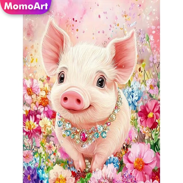 Momoart 5D Diamantmalerei Schwein Motiv DIY Strass Diamantmosaik mit Blumen in Multicolour, B/H: 20 x 30 cm - Bild 1