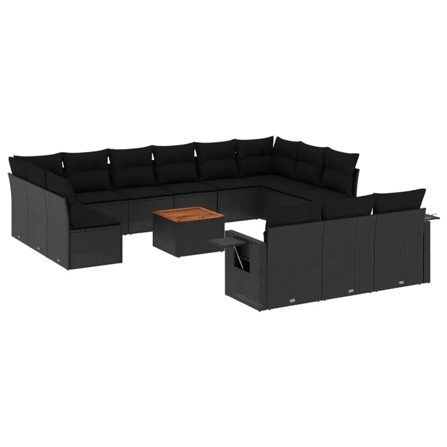 vidaXL 14-tlg. Garten-Sofagarnitur in L-Form aus Polyrattan und Akazienholz mit Kissen, Schwarz - Bild 2
