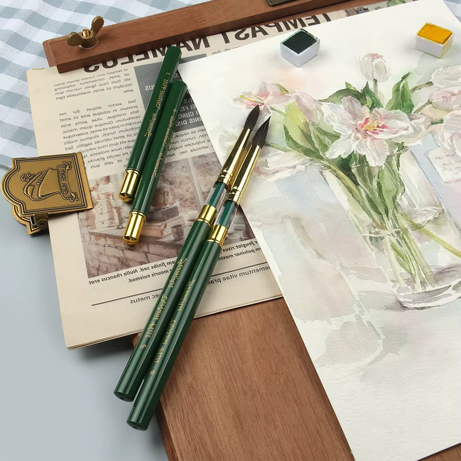 Semi Art 4er Set Grüne Hügel Reiseset Tragbare Teilbare Kurze Bürsten mit Griff für Aquarell und Nail Art in Grün - Bild 3