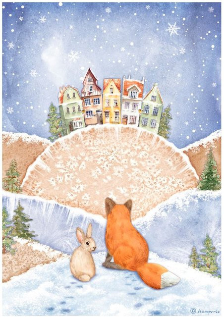 Stamperia Motiv-Strohseide Winter Valley Fuchs und Hase in Blau und Multicolour, Format A4 - Bild 1