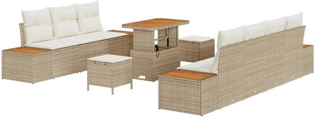vidaXL Garten-Sofa-Set aus Poly Rattan in Beige mit Kissen und Akazienholz-Tisch, 10-teiliges U-Shape Lounge-Set - Bild 1