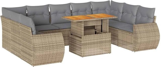 vidaXL 10-tlg. Garten-Sofagarnitur in L-Form aus Poly-Rattan und Akazienholz mit Kissen in Beige-Grau - Bild 1