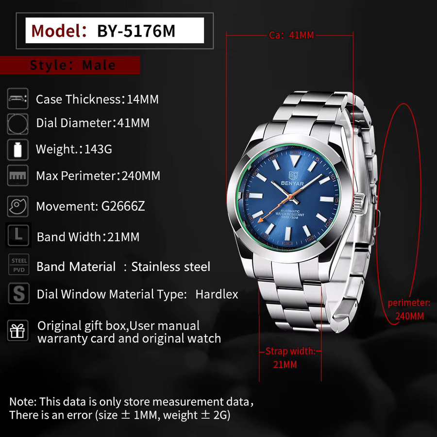 BENYAR Armbanduhr Automatik, Edelstahl, 41 mm, Herren - Bild 6