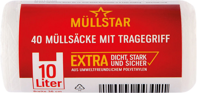 Müllstar Müllsäcke 10 Liter mit Tragegriff, extra dicht und stabil, weiß/transparent, B: 36 cm, H: 44 cm - Bild 1