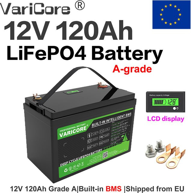 VARICORE 12V 120Ah LiFePO4 Lithium-Batterie mit integriertem BMS und LCD-Display in Schwarz - Bild 1