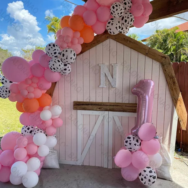 BALONAQ Bausatz für Kuhballonbogen mit Bonusballons im rustikalen Bauernhaus-Stil für Babyparty und Geburtstag in Weiß mit Animal Print - Bild 1