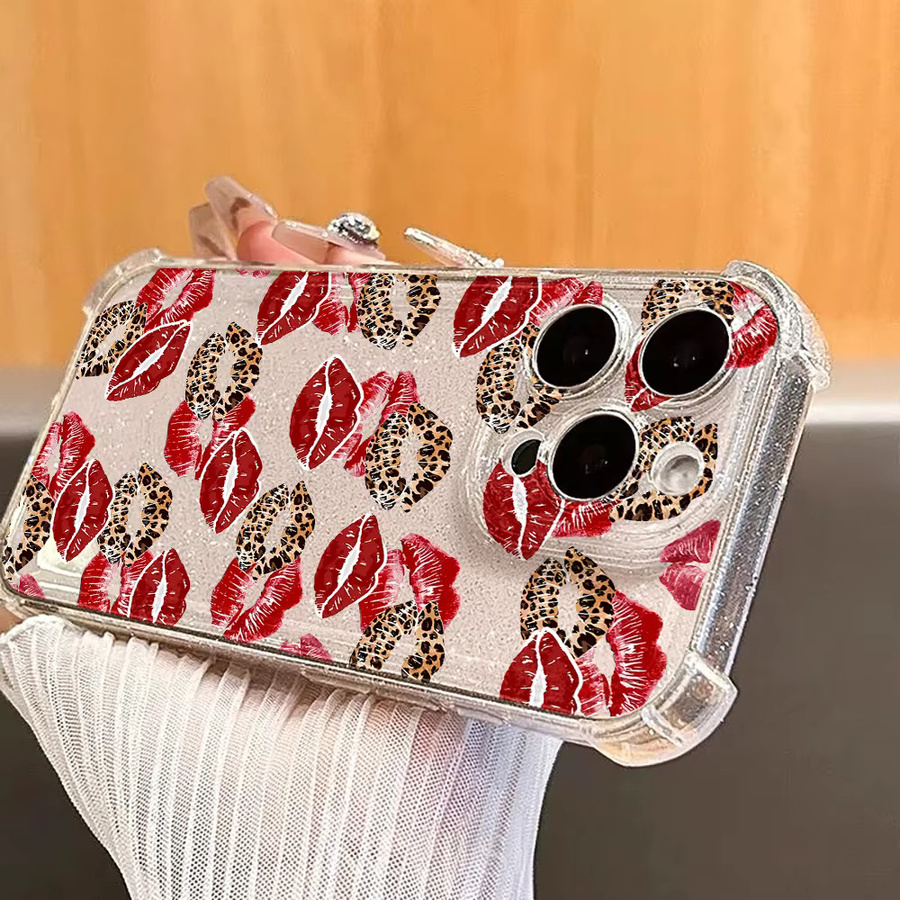 Glitzernde iPhone Handyhülle mit Schwarz-rotem Lippen-Kuss-Print aus transparentem Silikon für Apple iPhone 17, 16, 15, 14, 13, 12, 11 und Pro Max Modelle - Bild 4